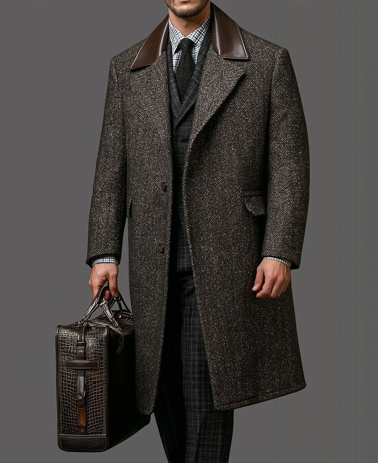 Okaywear Business Herringbone Notched Lapel Button Overcoat