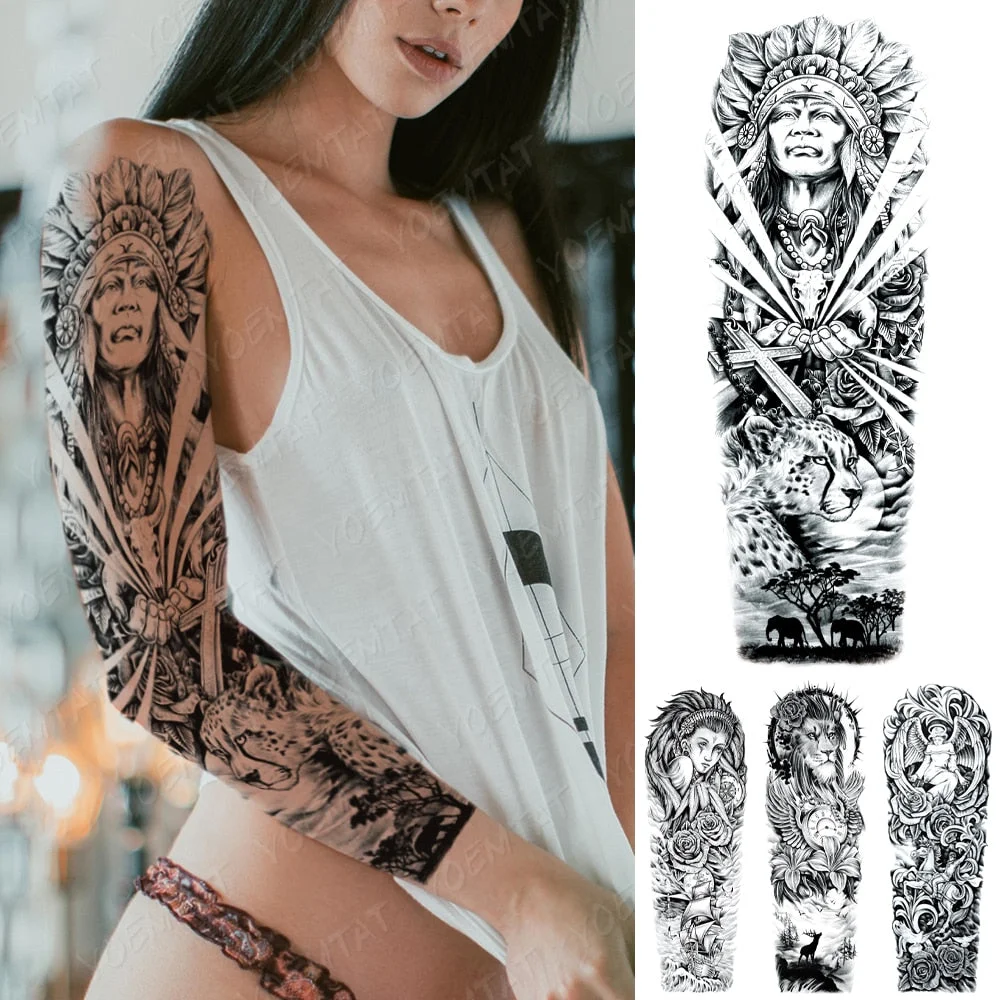 Large Full Arm Sleeve Tattoo Indian Forest Leopard Waterproof Temporary Tatoo Sticker Wild Tribe Men Women Body Art Tatto