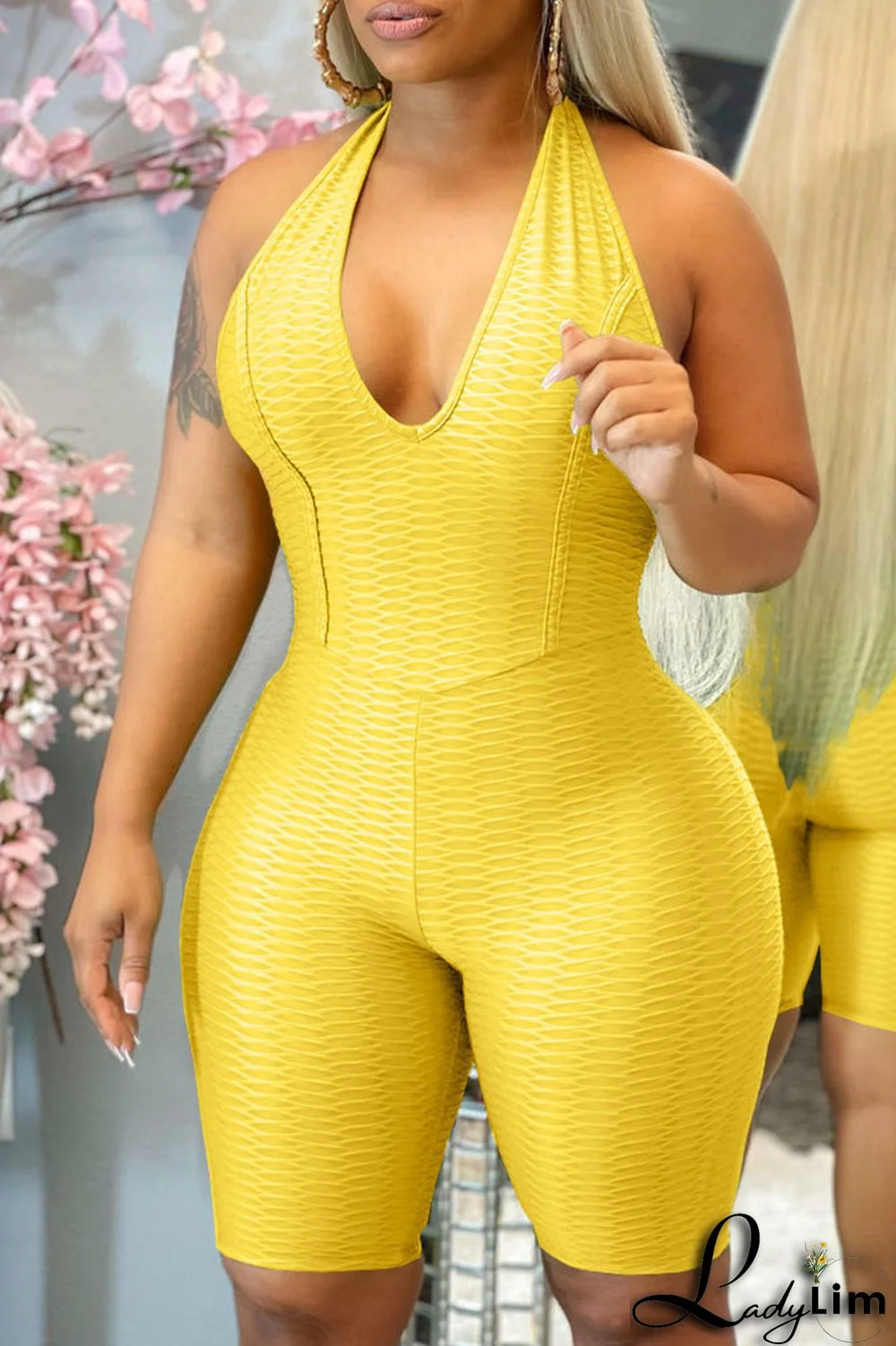 Tibetan Blue Sexy Solid Split Joint Backless Halter Regular Jumpsuits