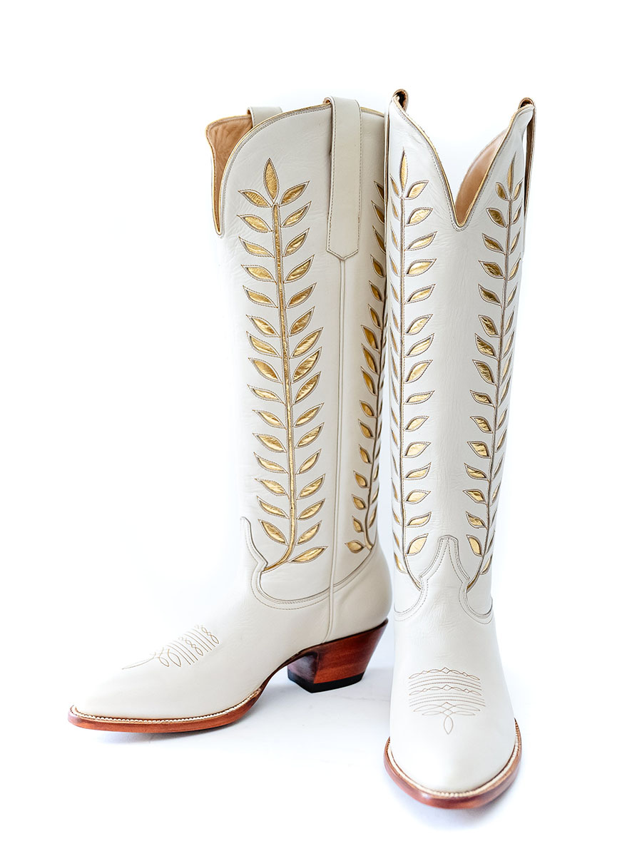 Ivory Chunky Heel Knee High Cowgirl Boots with Gold Leaves Inlay
