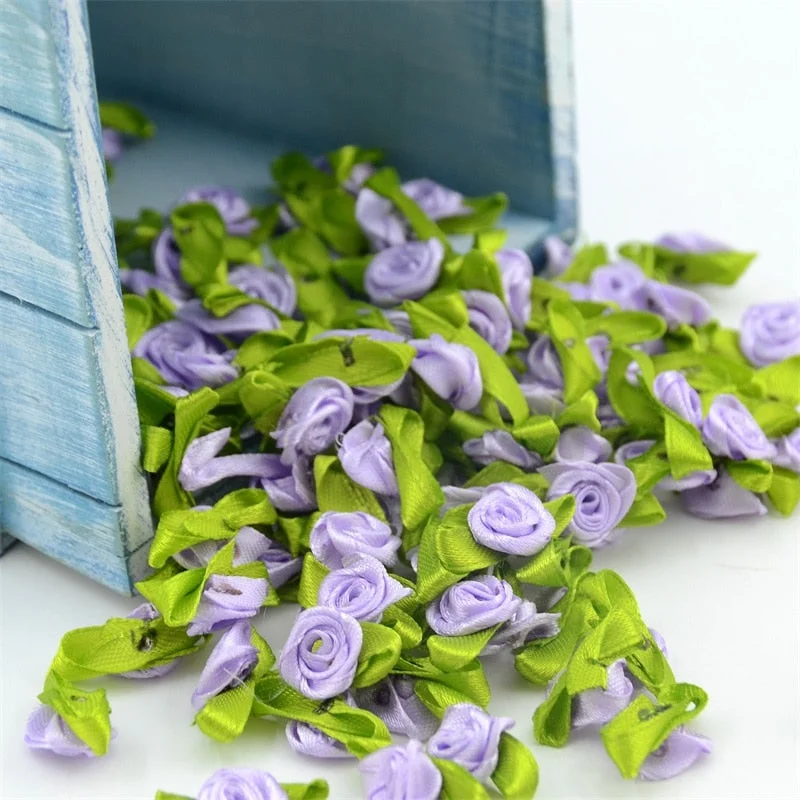 300pcs Mini Satin Ribbon Flower Silk Rose head Ribbon DIY Wedding Bow Appliques Craft Sewing Clothing Accessories  Decoration