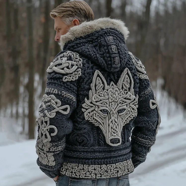 Men's Retro Viking Wolf Jacquard Hooded Knit Sweater Jacket