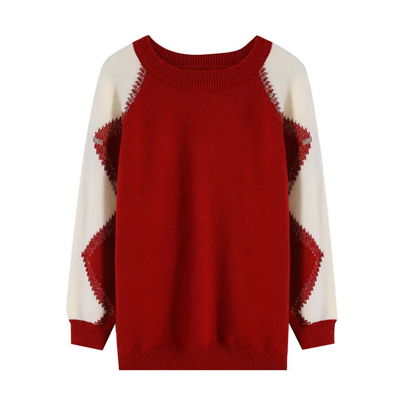 Chic Colorblock Round Collar Knit Loose Sweater