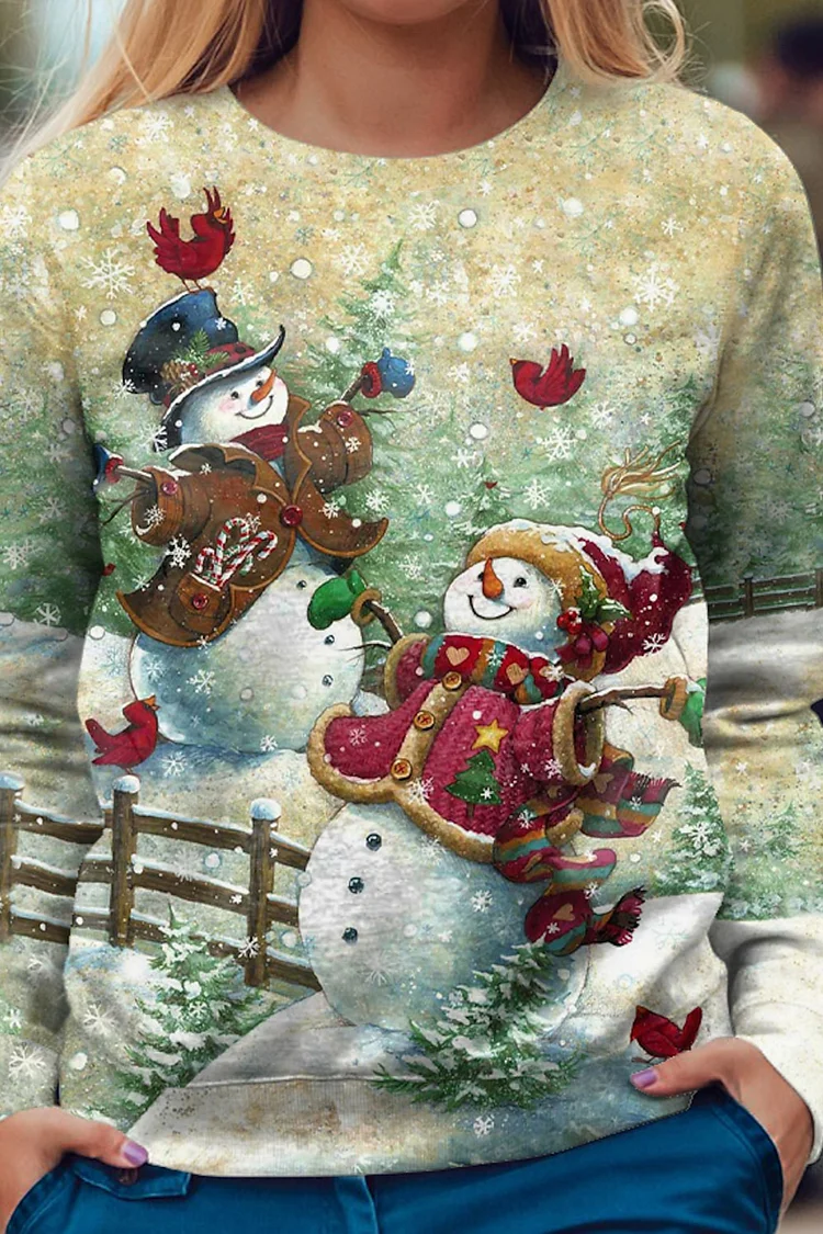 Plus Size Christmas Green Snowman Print Long Sleeve Round Neck Sweatshirt  Flycurvy [product_label]
