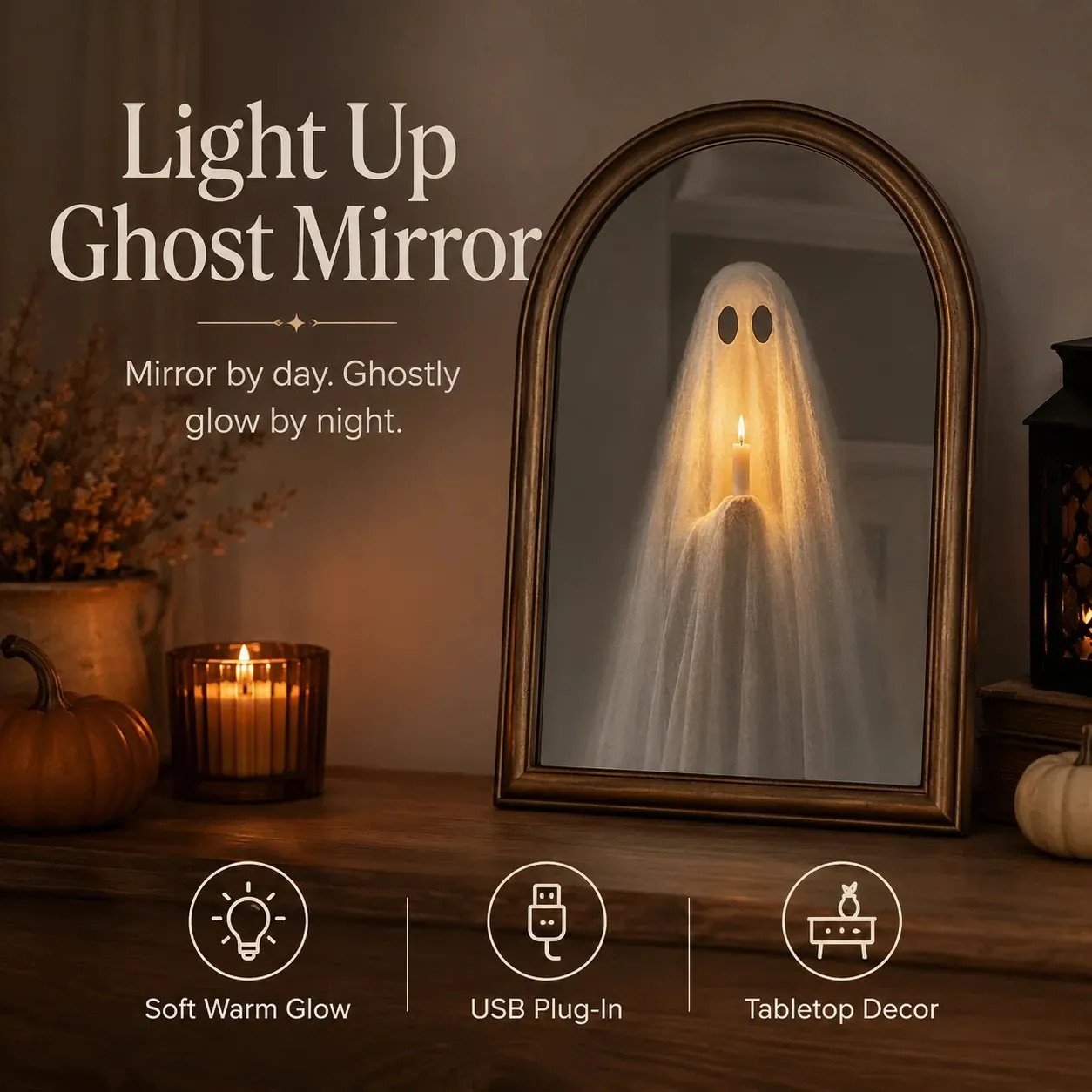 Light-up Halloween ghost mirror with candle glow