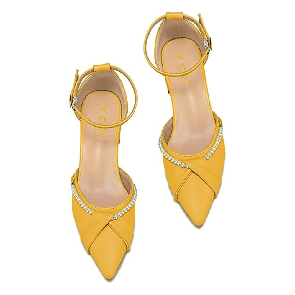 Yellow Pointed Toe Flat Buckle Ankle Strap Pearl Pumps Shoes