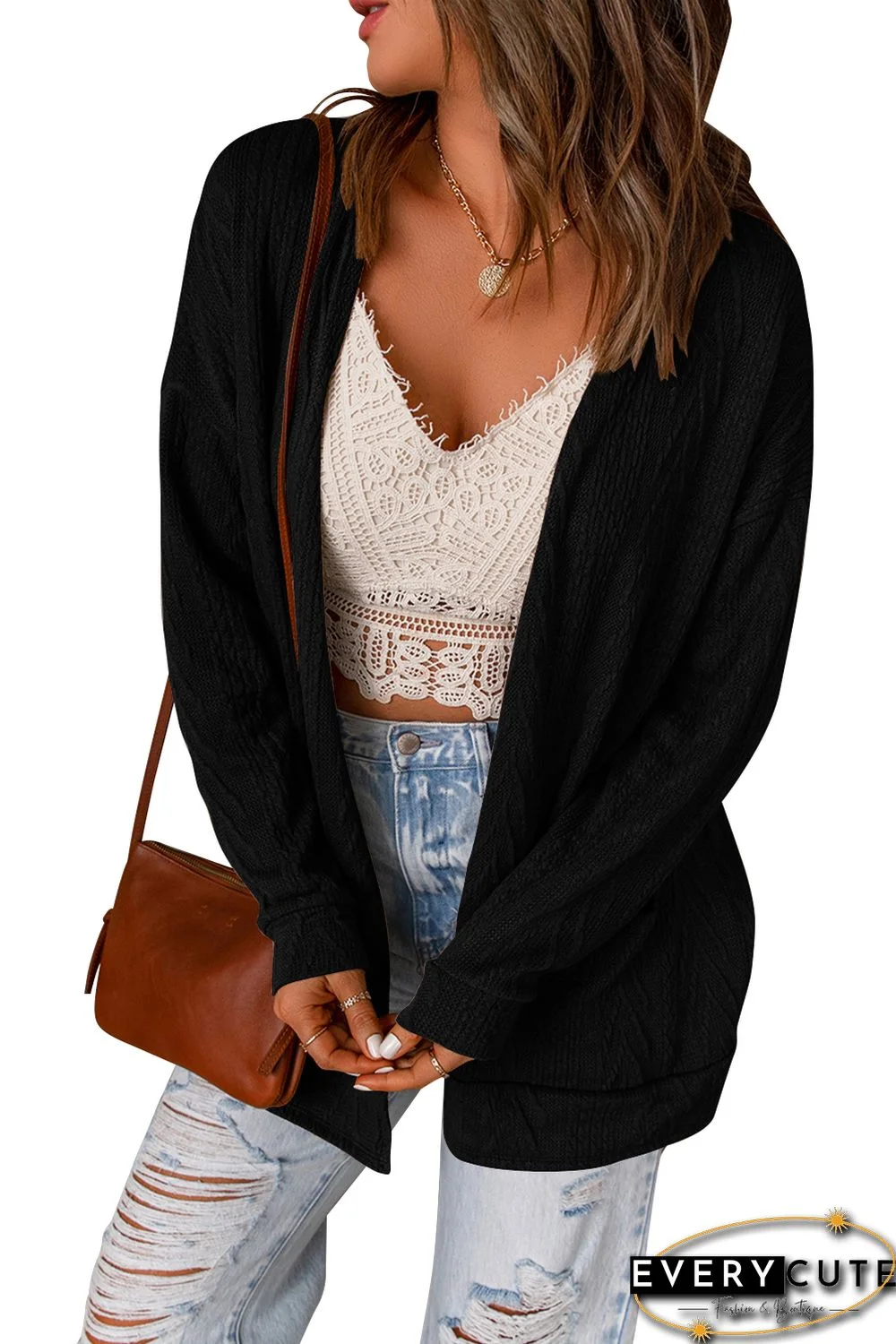 Black Drop Shoulder Textured Cardigan