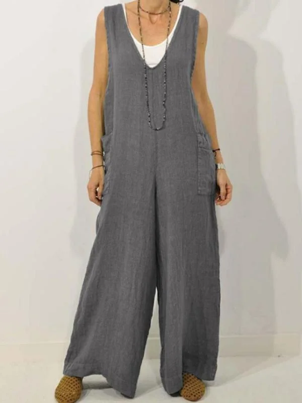 Women's loose V-neck cotton and linen strap jumpsuit