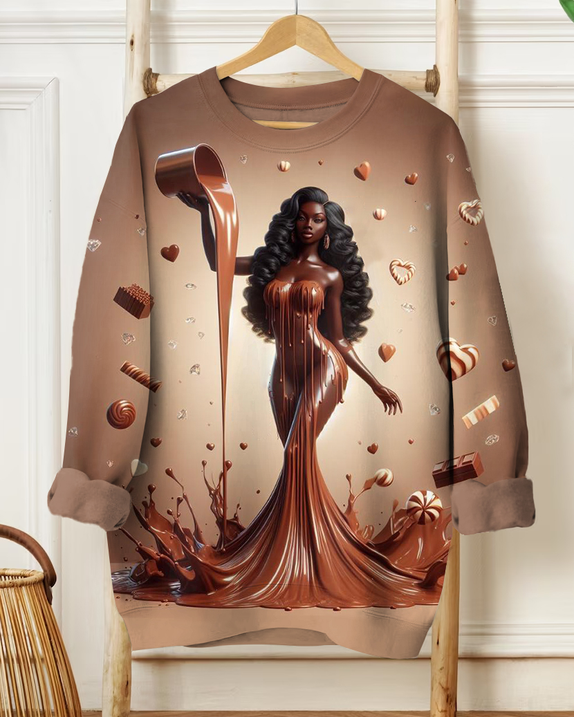 Chocolate Long Hair Woman Long-sleeved Sweatshirt
