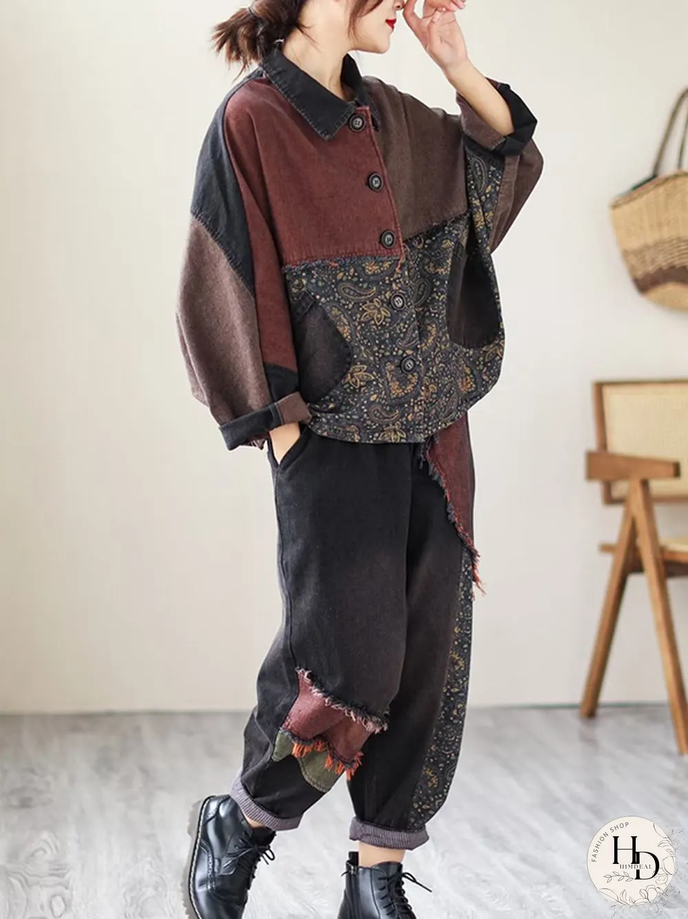 Contrast Color Fringed Split-Joint Long Sleeves Printed Outwear Harem Pants Two Pieces Set