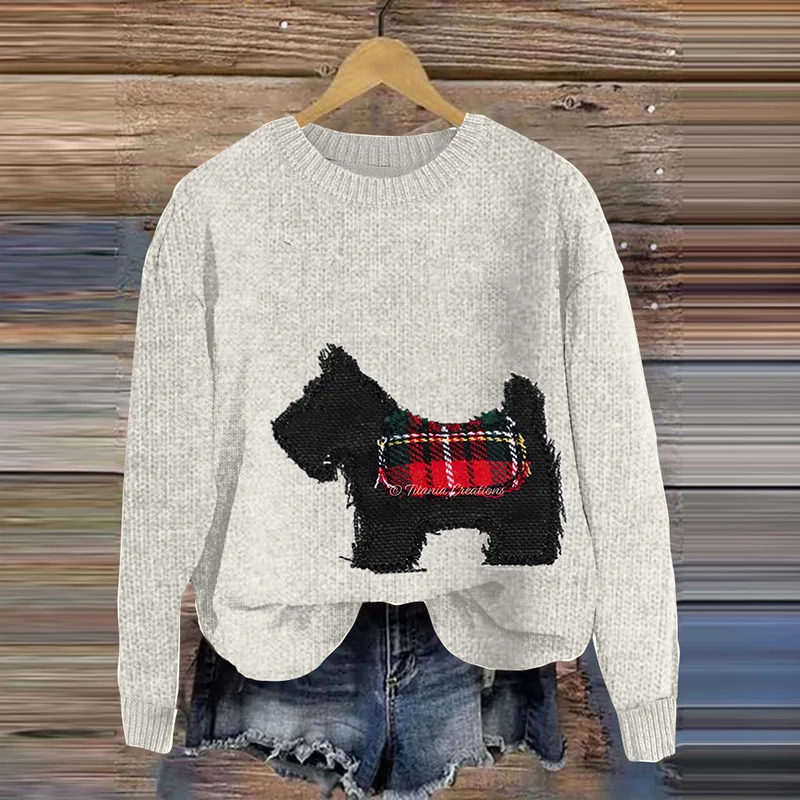 Vintage Scottie Dog Embroidery Art Cozy Sweater