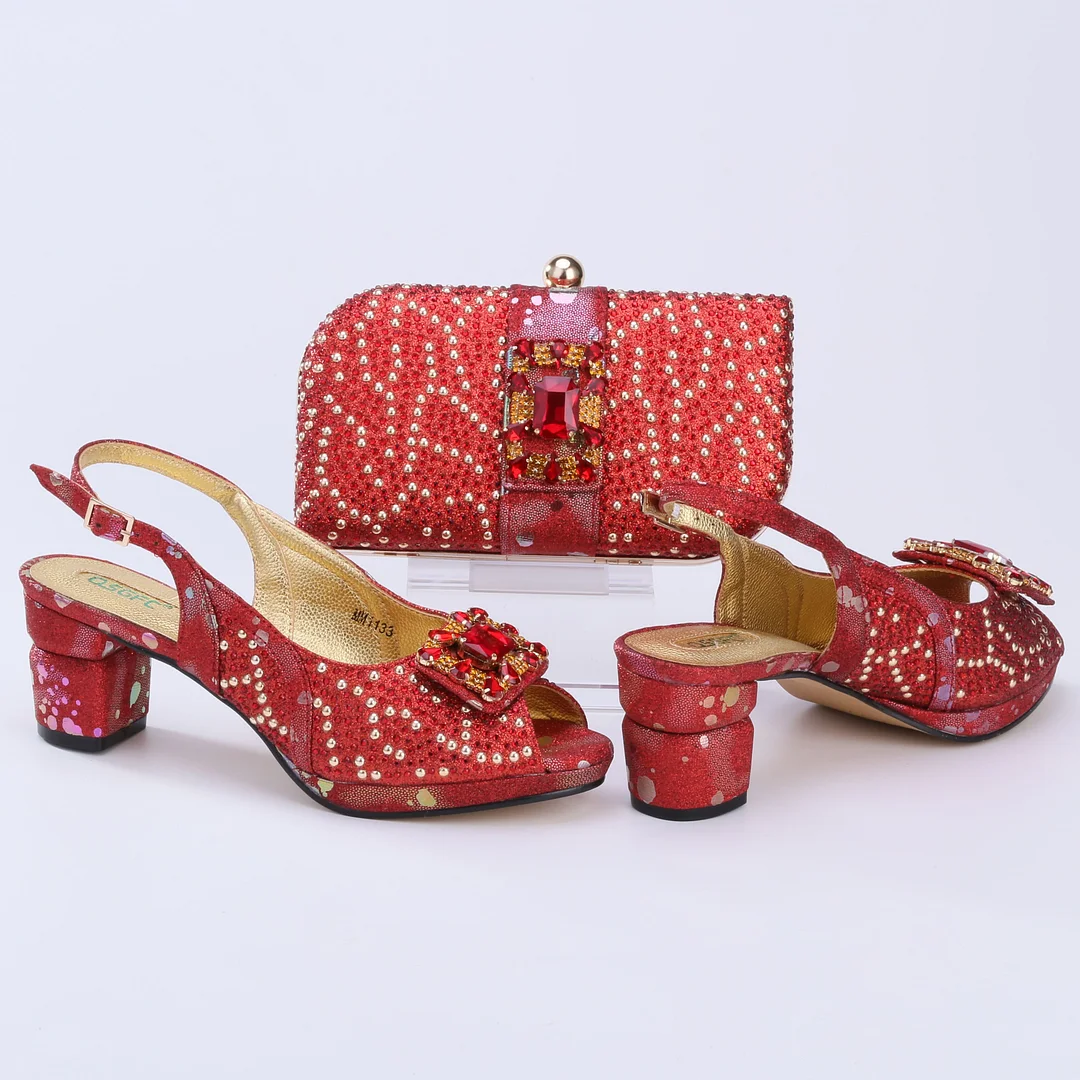 QSGFC 2022 Newest Fashion Noble Green Color Party Wedding Ladies Shoes and Bag Set  Decorated With Rhinestone