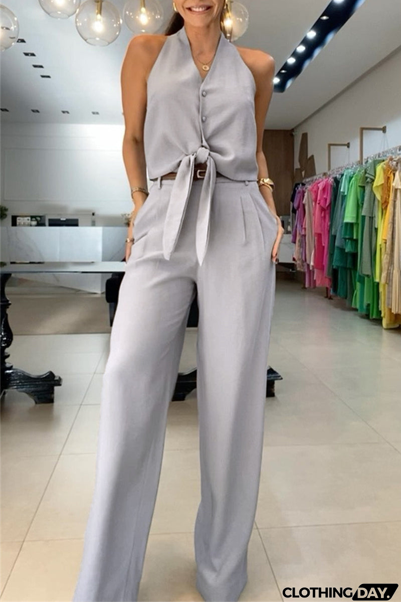 Casual British Style Solid Pocket Frenulum V Neck Sleeveless Two Pieces