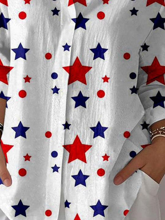 Women 3/4 Sleeve Shirt Collar National Flag Striped Printed Graphic Button Tops