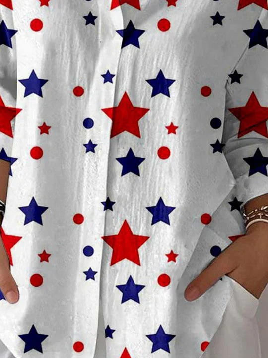 Women 3/4 Sleeve Shirt Collar National Flag Striped Printed Graphic Button Tops