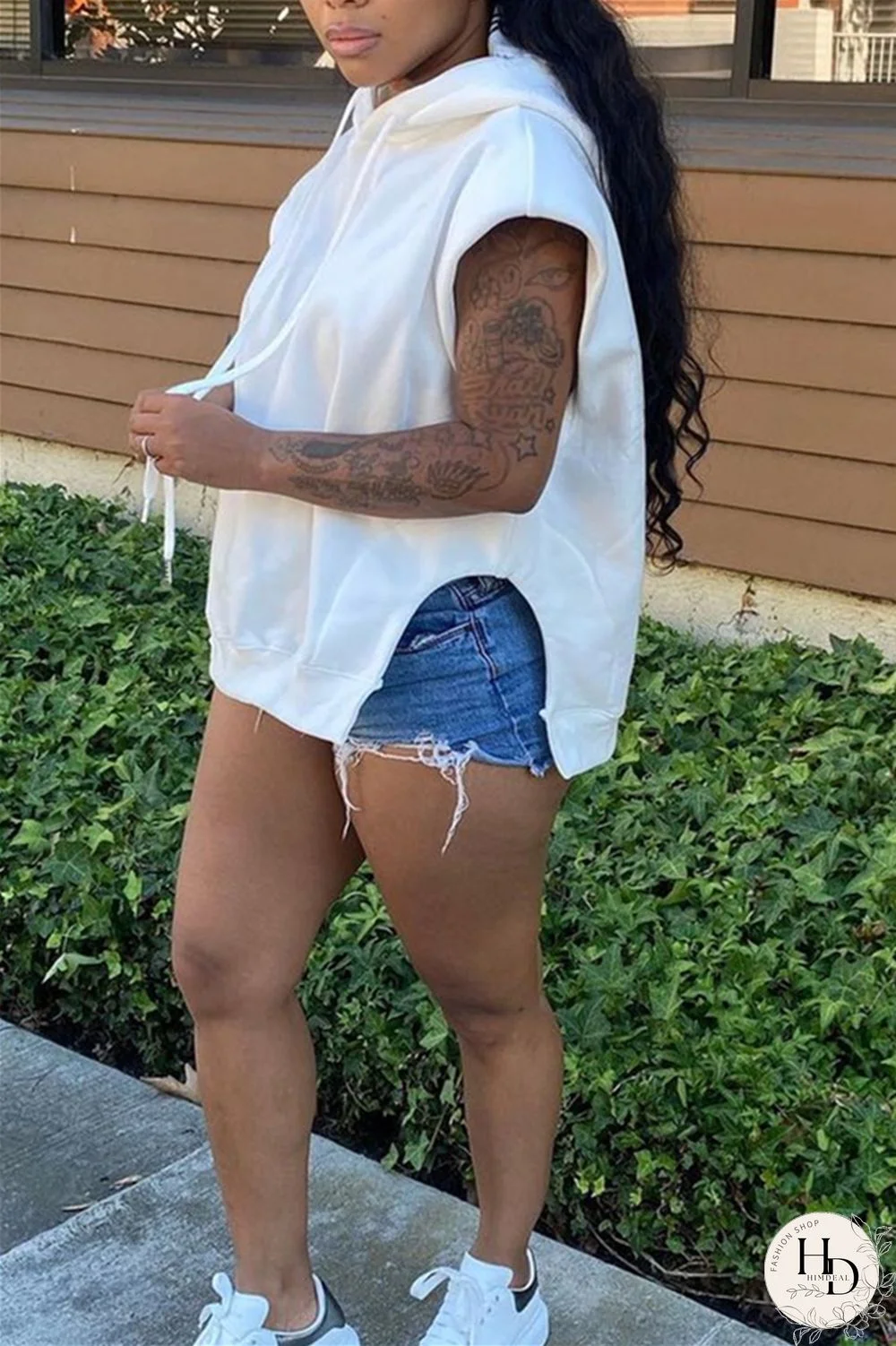 Black Casual Simplicity Solid Draw String Slit Hooded Collar Tops