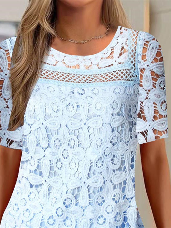 Women Short Sleeve Scoop Neck Lace Tops