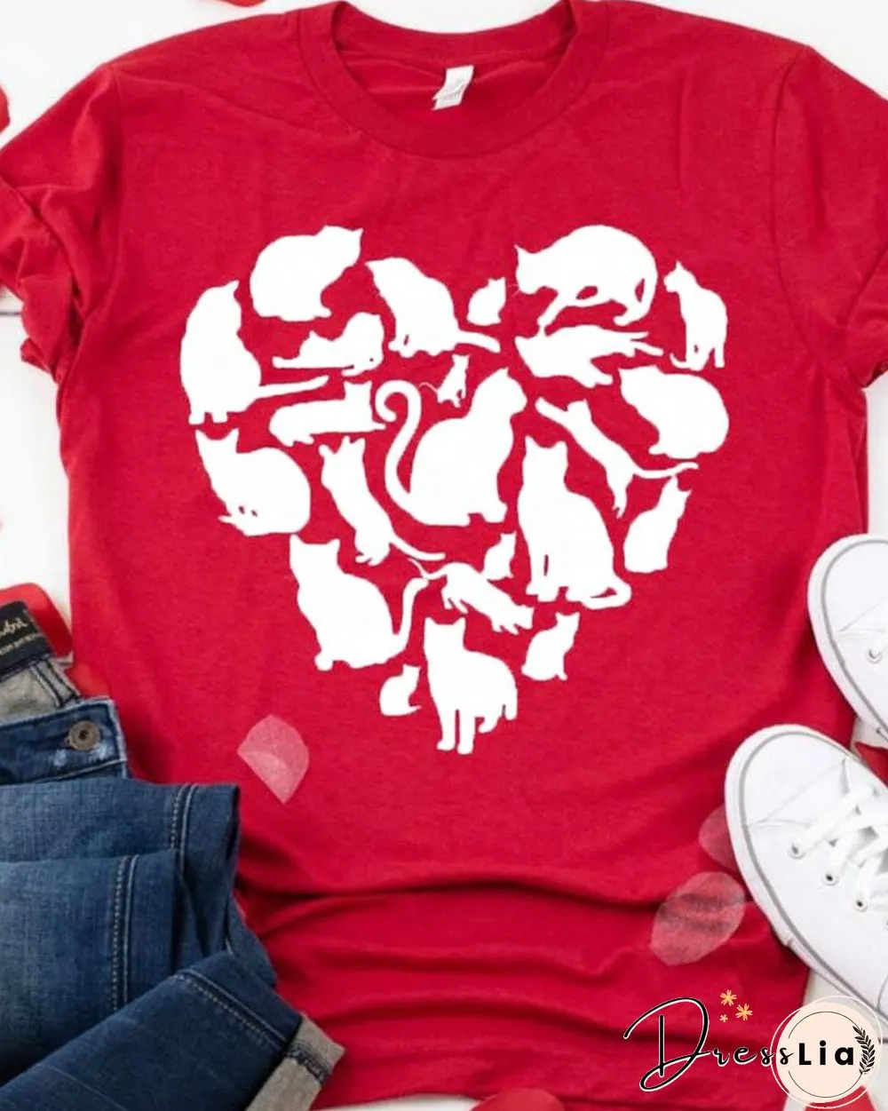 Valentines Day Heart Cat Print T-shirt P16157
