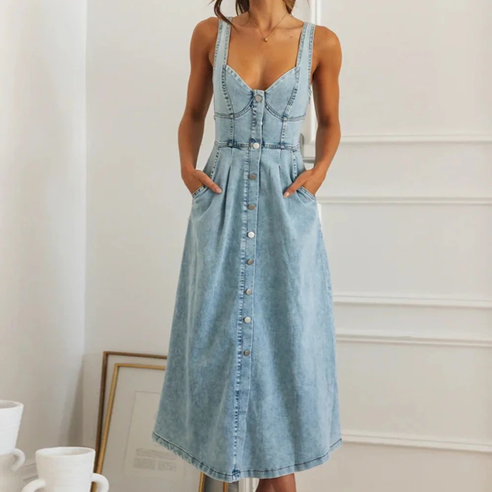 Women's Denim Dress Single Breasted Sexy Sleeveless Dress