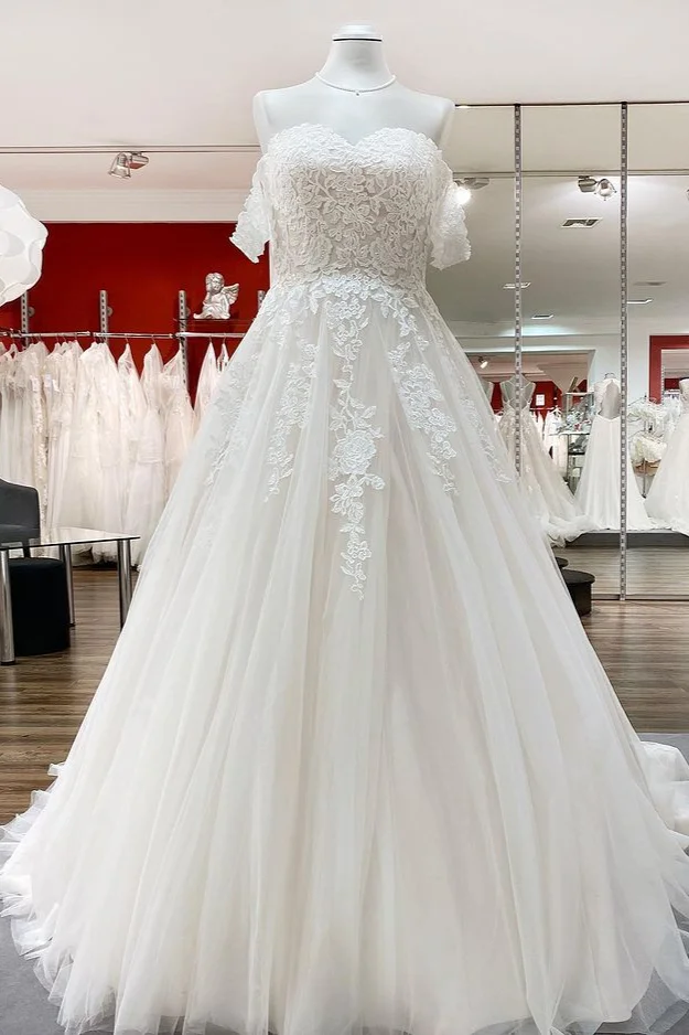 Charming Off The Shoulder Long Princess Wedding Dress With Tulle Lace Ruffles | Ballbellas Ballbellas