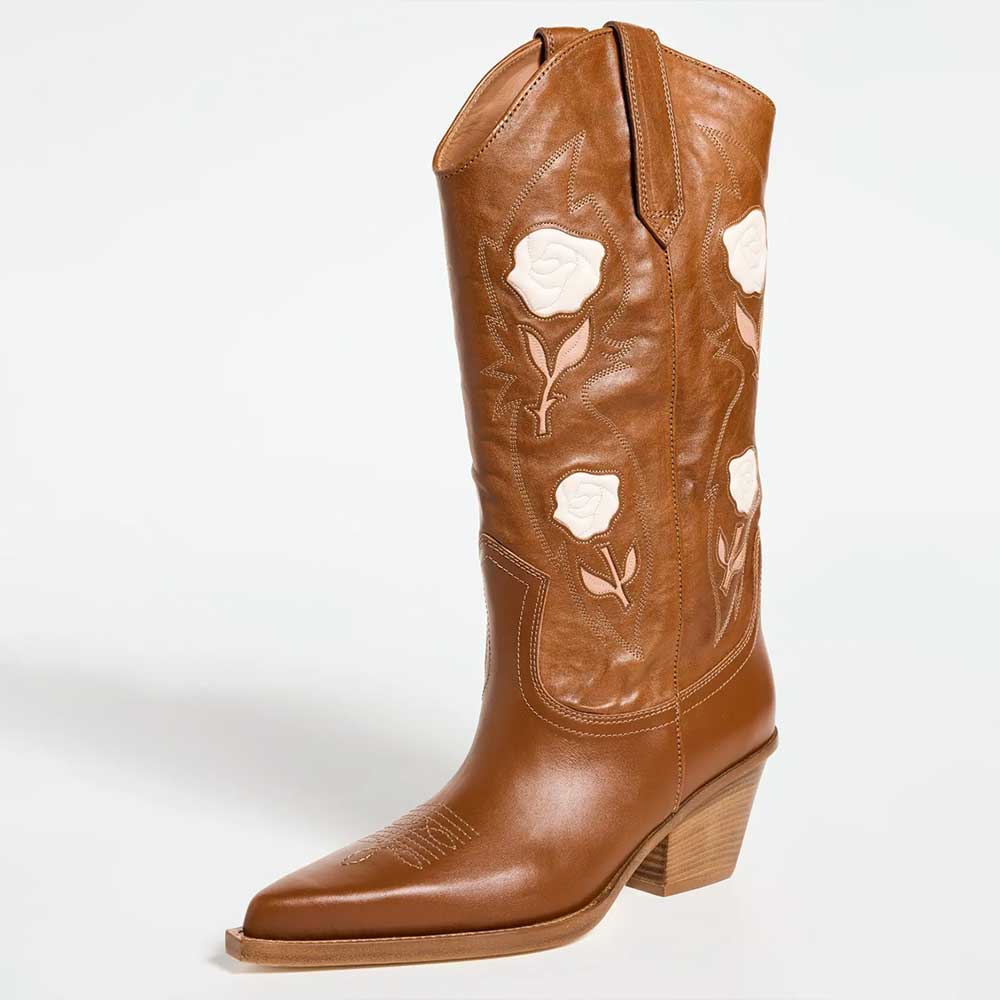 Tan Pointy Toe Rose Embroidered Chunky Heel Mid Calf Cowgirl Boots