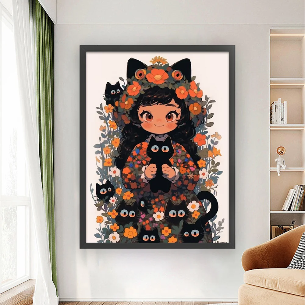 11CT Full Stamped Cross Stitch - Black Cat and Girl(Canvas|45*60CM)