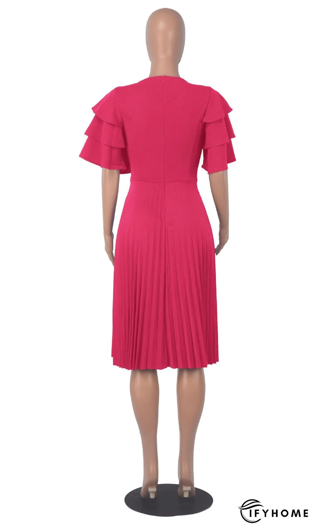 Round Neck Ruffle Short Sleeve Pressed Pleated Dress | IFYHOME