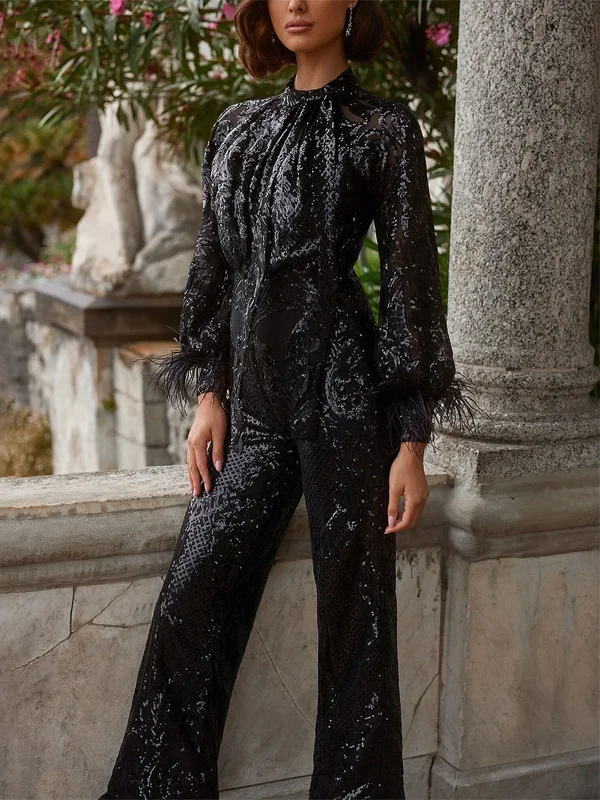 Round Neck Solid Color Long Sleeve Sequined Jumpsuit
