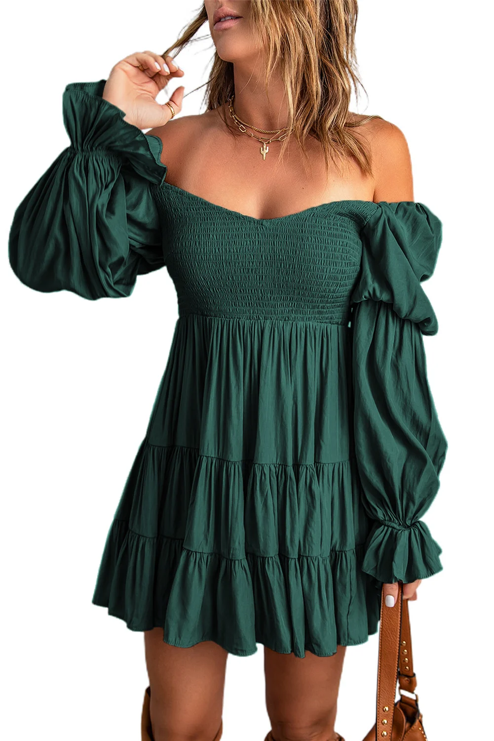 Green Boho Solid Shirred Ruffle Mini Dress