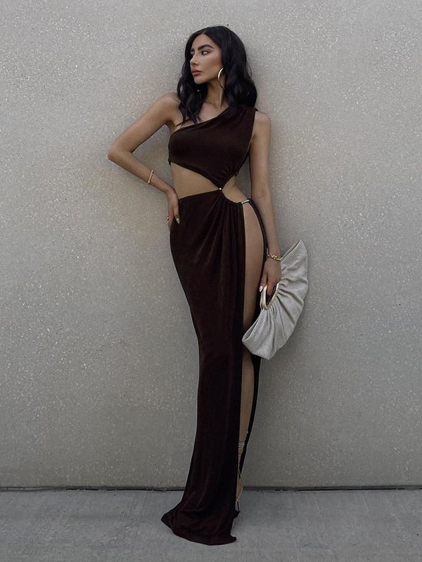 Sexy One Shoulder Suspended Solid Color Asymmetrical Bodycon Dress