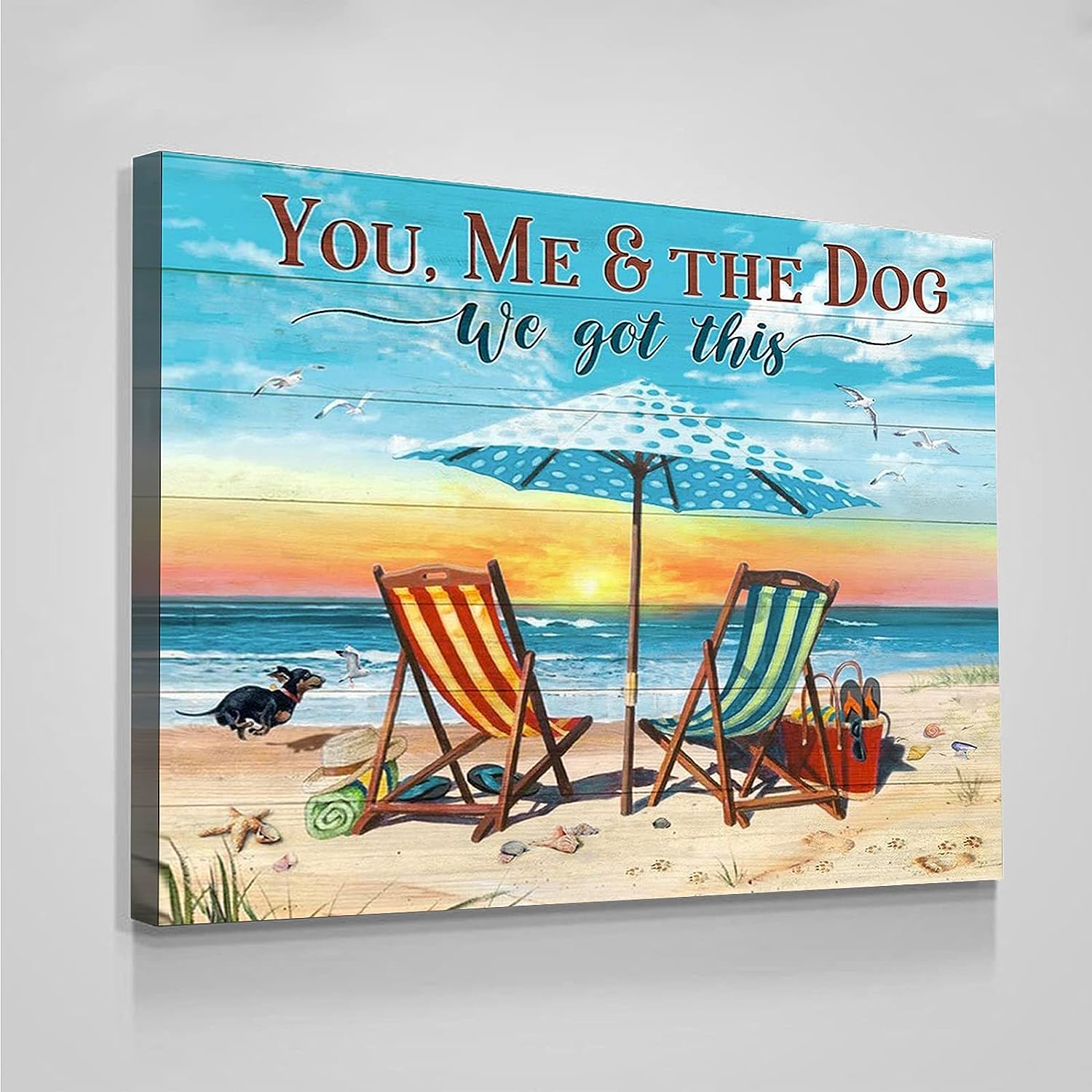 Canvas Frame Beach You Me And The Dog We Got This Art Decor Poster Canvas wall art For living room bedroom office home decoration artwork 8 inch x12 inch Framed white 4