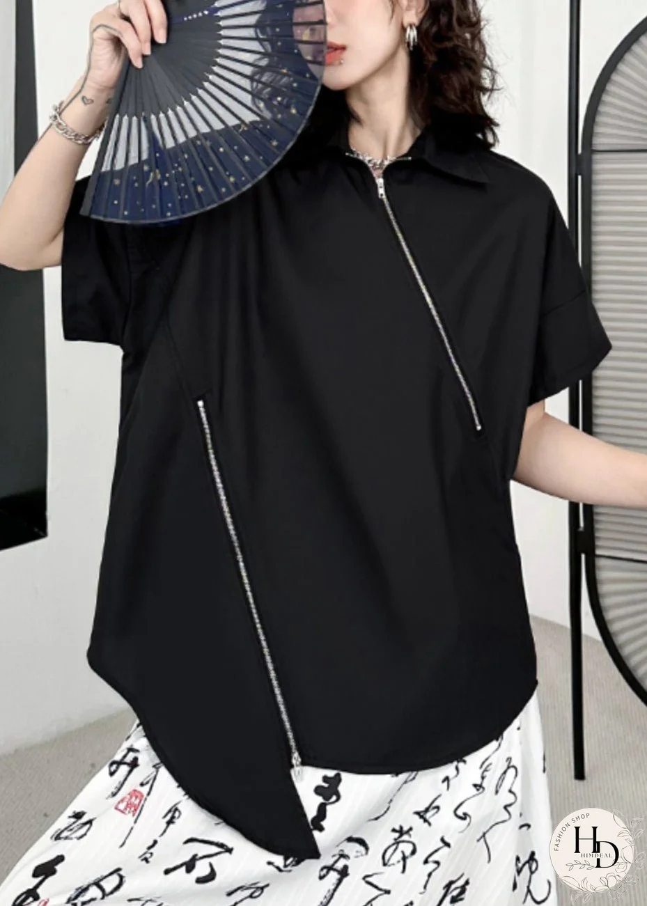 Women Black Zippered Asymmetrical Patchwork Cotton Blouses Short Sleeve