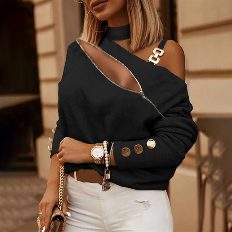 Wearshes Balck Fashion Off Shoulder Zipper Paneled T-Shirt