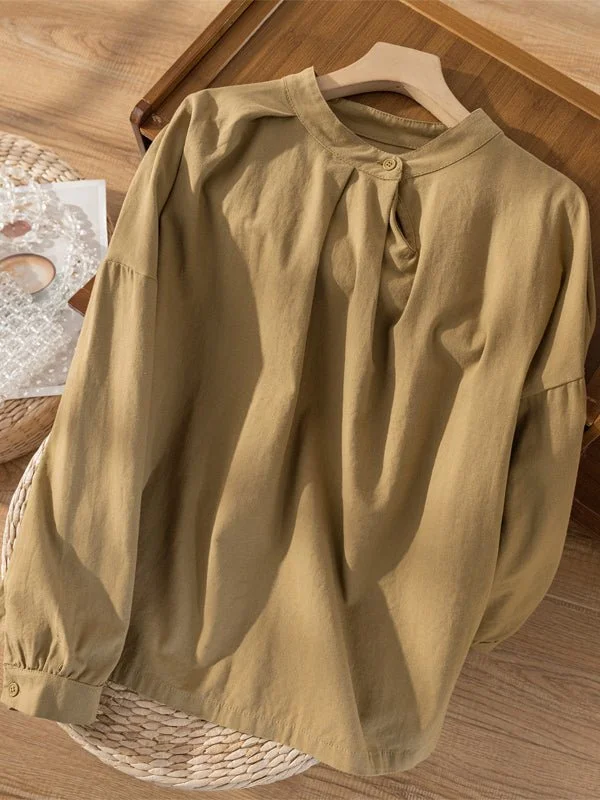100% Natural Fabric Crew Neck Loose Long-Sleeved Shirt In Solid Color