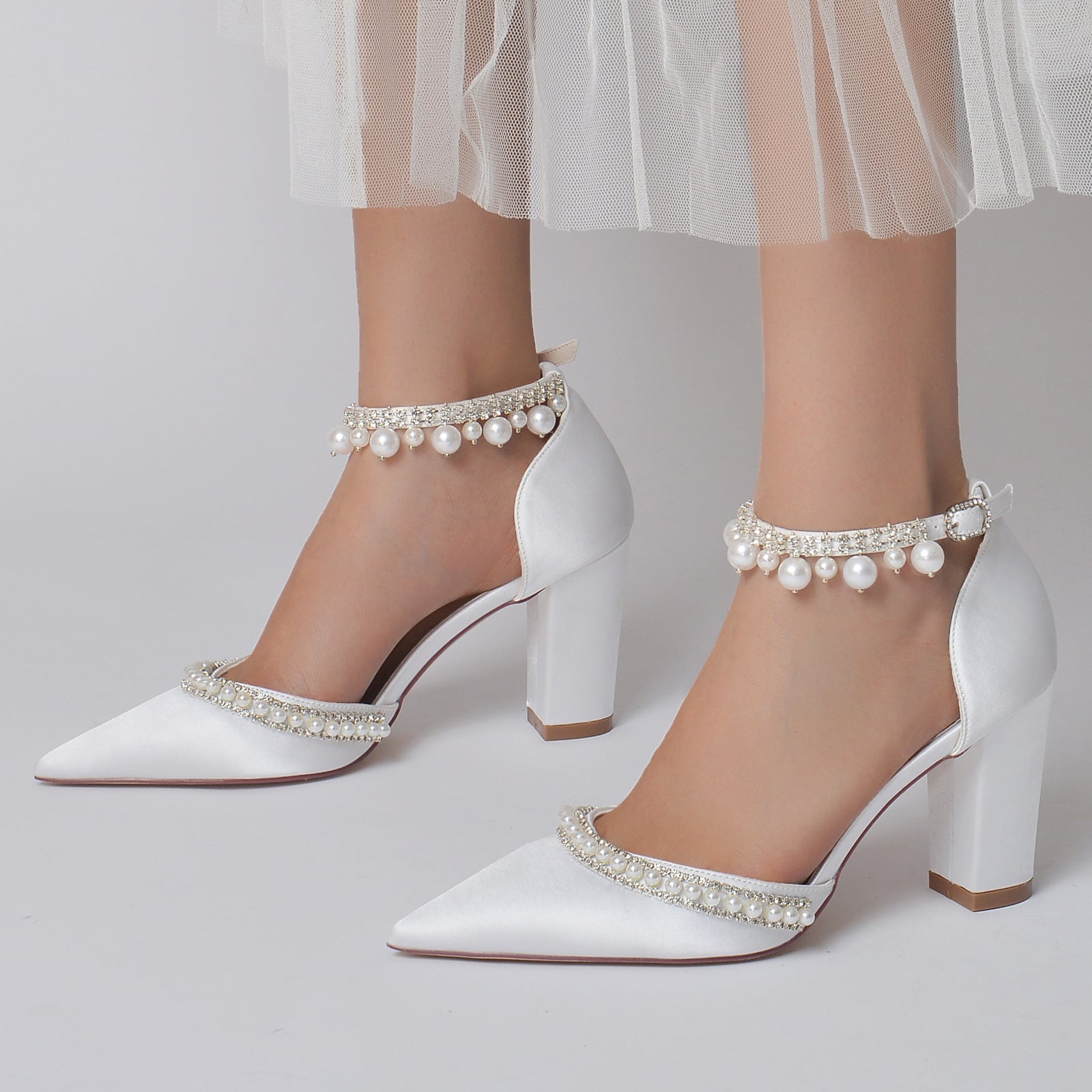 Satin Chunky heels d'Orsay bridal pumps pointed closed toe ankle pearls strap heels