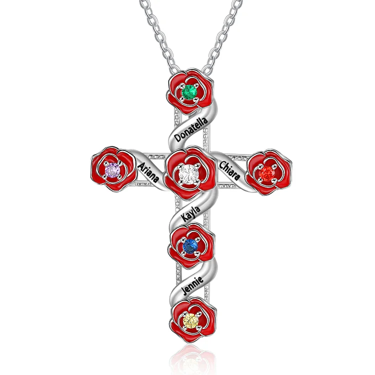 Personalized Rose Cross Necklace with 5 Birthstones Engraved Names for Her