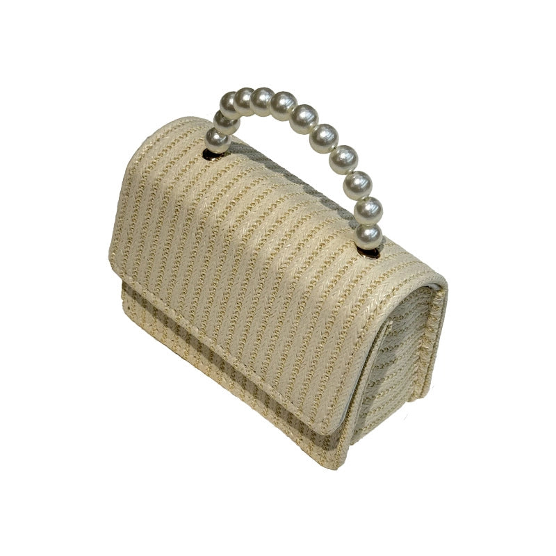 Women’s Straw Solid Color Vacation Beading Pearls Weave Square Magnetic Buckle Flip Cover Shoulder Bag Handbag Crossbody Bag