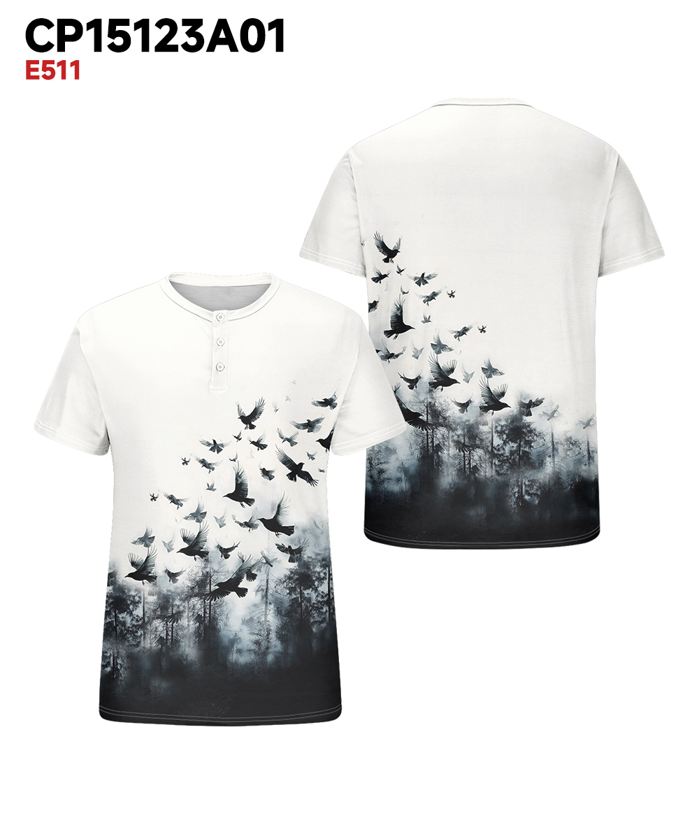 Men's Plus Size Daily Casual Gradient Forest Bird Print Henley Collar Button Short Sleeve T-Shirt