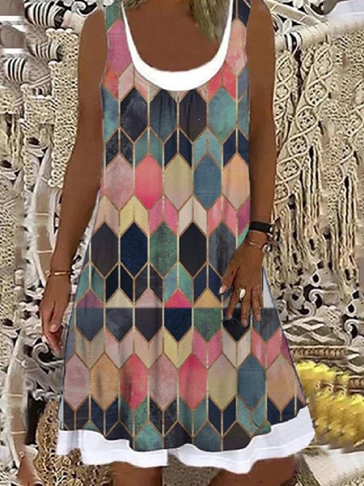 Women's Sleeveless Scoop Neck Printed Fake 2-Piece Mini Dress