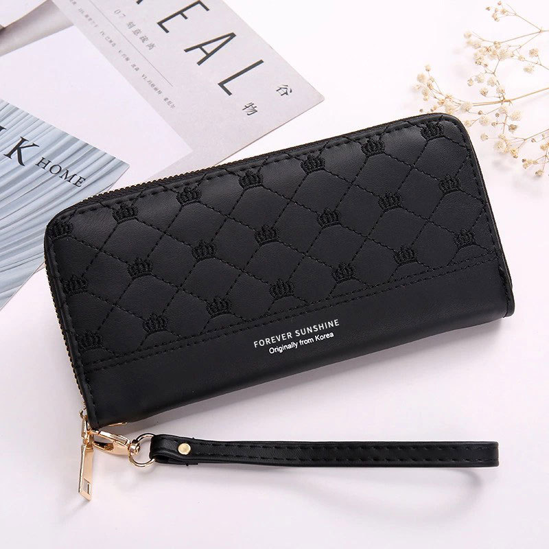 Mature Ladies Long Crown Embroidery Thread Single Zip Clutch Wallet
