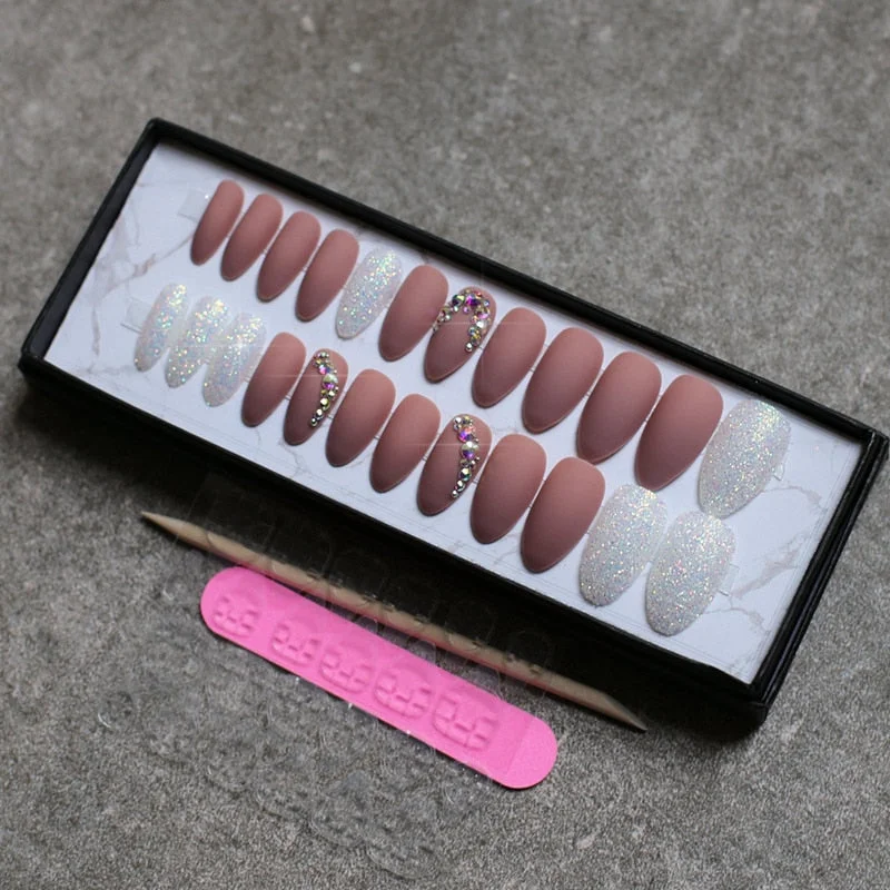 Matte glitter art nails box Match press on nails Burgundy AB rhinestone fasle nails stiletto Custom nails white blue pink-Nail Inspo