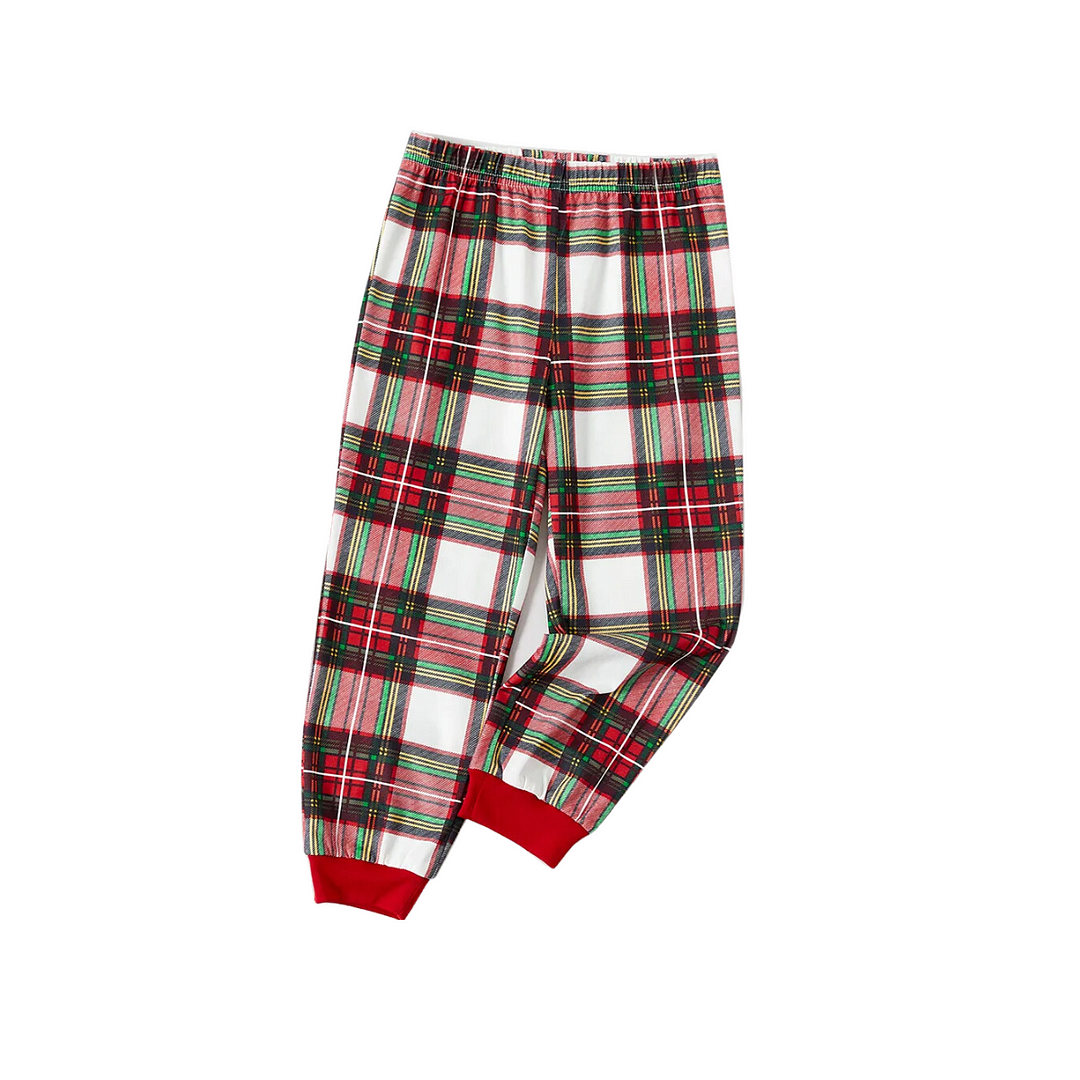 "We Wish You a Merry Christmas" Printed Pattern Black Long Sleeve Top with Red & Green & White Plaid Family Matching Pajamas