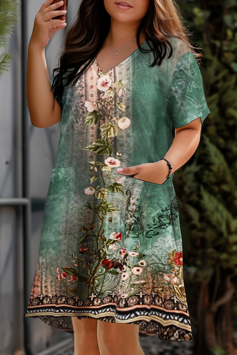 Flycurvy Plus Size Daily Casual Green Retro Boho Floral Print V Neck Pocket Midi Dress 2024 - Flycurvy 