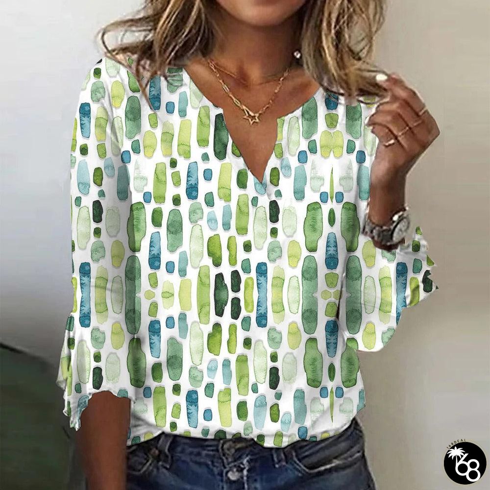 Green Geometric Watercolor Print Notched Sleeve Top | 168DEAL