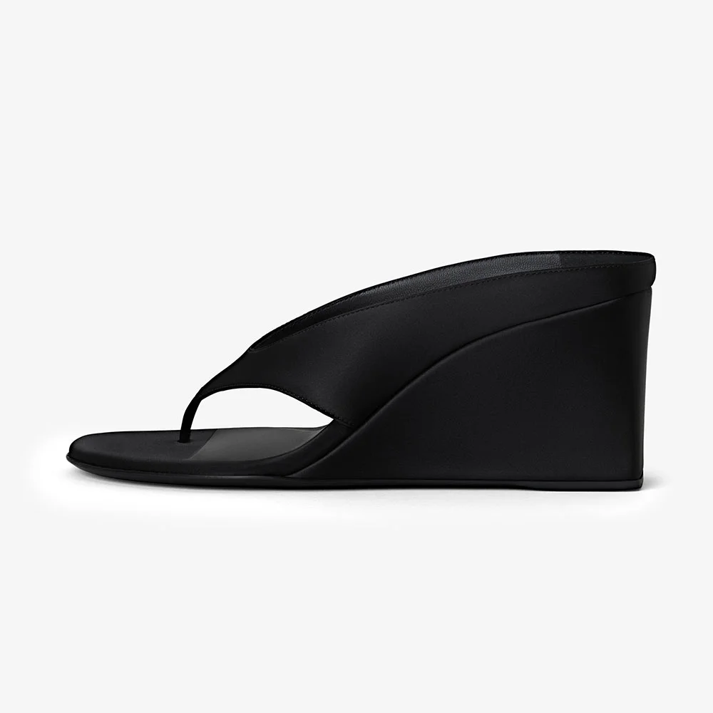 Satin Open Round Toe Flip Flop Classic Black Wedge Sandals