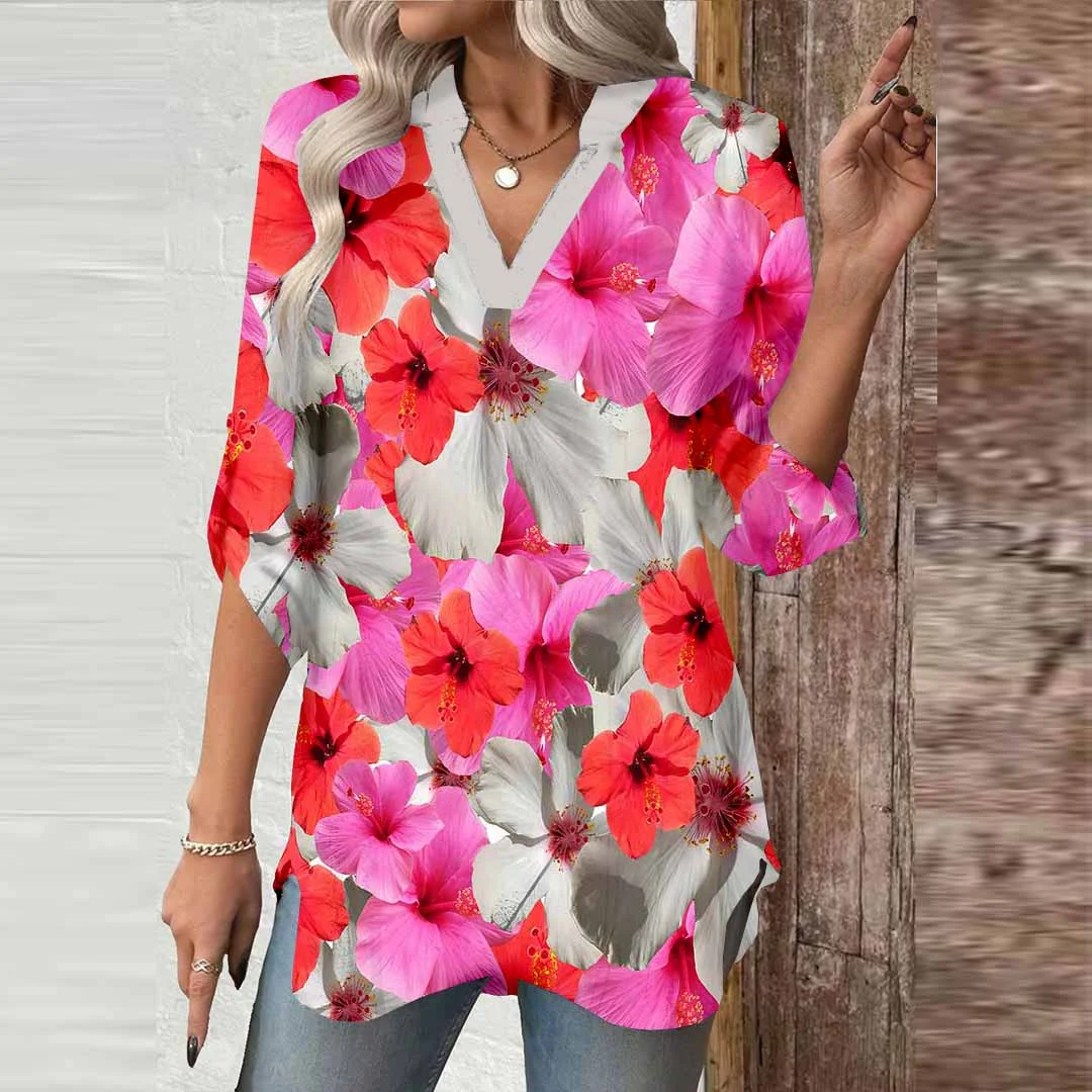 Women Floral,Red,Gray DZGA0783 3/4 Sleeve V-neck Printed Graphic Button Tops