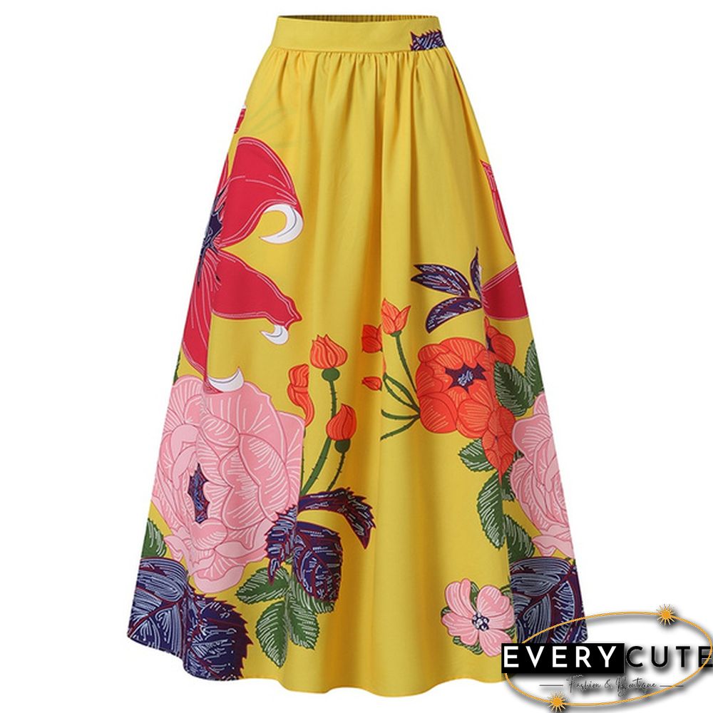 Elegant Elastic High Waist Pockets Umbrella Skirt Women Flower Print Party Maxi Skirts