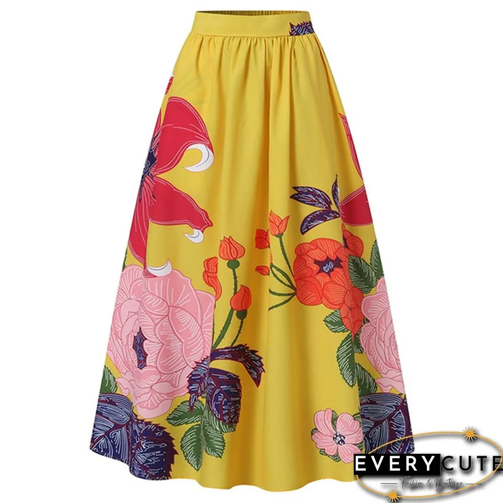Elegant Elastic High Waist Pockets Umbrella Skirt Women Flower Print Party Maxi Skirts