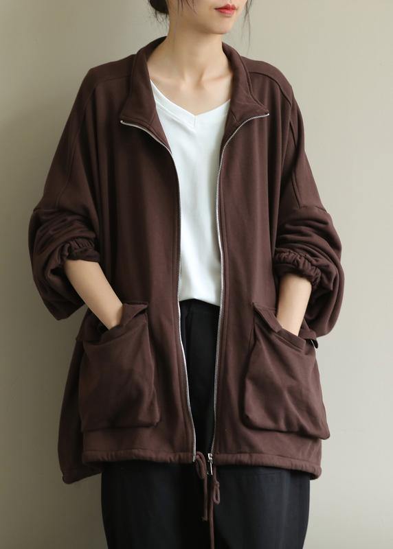 VCSHOES stand collar zippered trench coat chocolate tunic coats