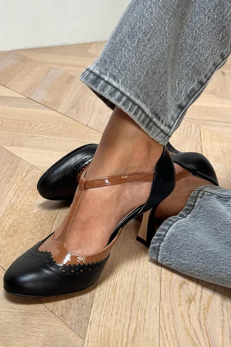 Colorblock T-Strap Buckle Round Toe Black Stiletto Heels [Pre Order]